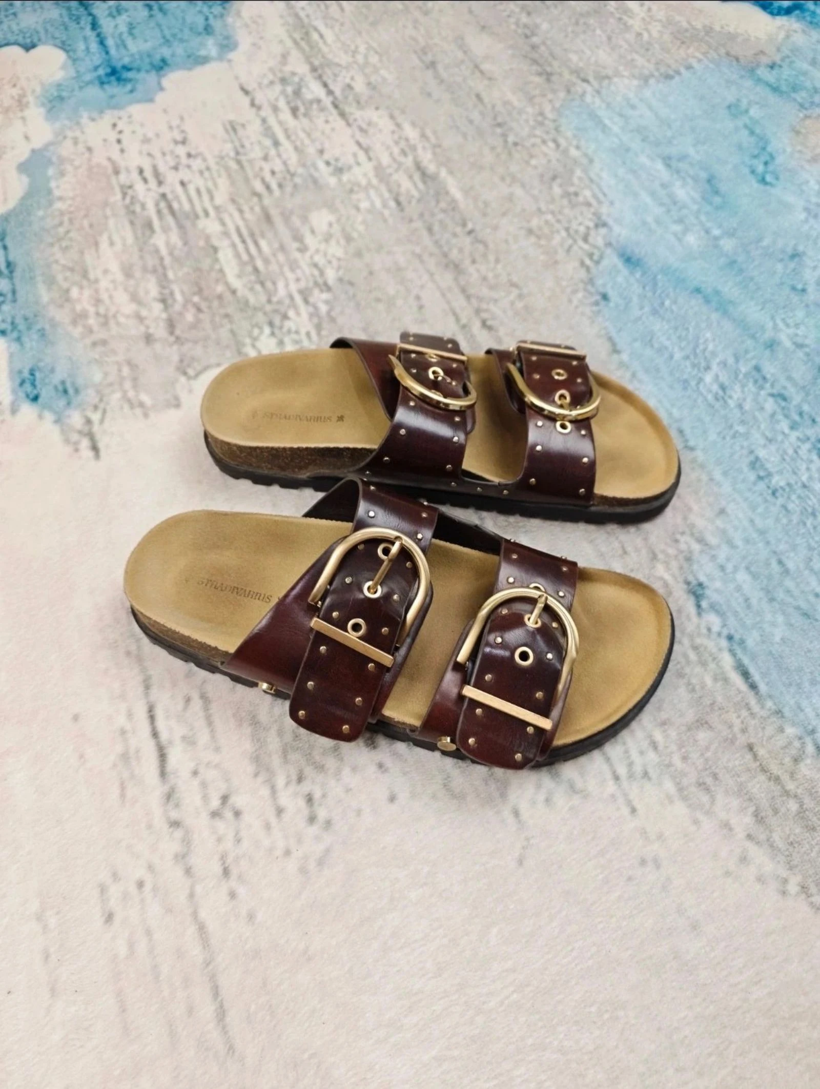 Stradivarius Western Buckle Slide Sandals Brown Gold Studded Double Strap Boho Chic Size 36 – photo 3